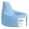 A light blue beanbag chair with a review badge attached. Produktbild-Vorschau