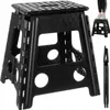 A black folding stool is shown in the center of the image, with a smaller inset image of a person standing on it and another inset image of the stool folded. Náhled obrázku produktu