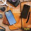 A collection of travel items including a smartphone, passport, power bank, camera, sunglasses, compass, and keys arranged on a wooden surface. Voir les images du produit