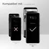 Three black smartphones are displayed, two in the foreground and one in the background. The phones in the foreground show a red 'X' symbol and a green checkmark symbol on their screens, indicating compatibility or incompatibility. Text above the phones rea Produktbild-Vorschau