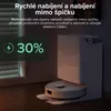 A white robot vacuum cleaner with its charging station is shown with a text overlay indicating battery charge and charging information. A window with blinds is visible in the background. Produktbild-Vorschau