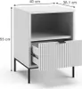A white nightstand with a drawer partially open, shown with dimensions indicated. Voir les images du produit