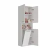 A white bathroom cabinet with doors open, displaying shelves with toiletries and a laundry basket. Produktbild-Vorschau
