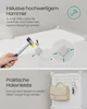 Image shows two sections. The top section demonstrates how to assemble a modular shelving unit using a hammer. The bottom section shows a hook rail attached to the shelving unit, with a handbag and keys hanging on it. Produktbild-Vorschau