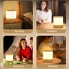 A collage of four images showing a portable LED lamp in different settings: bedside, ambient, camping, and nursing. Produktbild-Vorschau