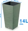 A tall, square planter with a textured green surface, shown with dimensions and capacity indicated by text overlays. Anteprima dell’immagine prodotto