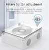 A white retro-style music player with a clear lid showing a record and a close-up of a rotary button. Produktbild-Vorschau