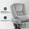 Close-up of a gray fabric armchair with descriptive text and icons highlighting its features. Produktbild-Vorschau