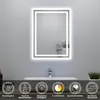 A modern bathroom vanity with a lit mirror above a sink. The bottom of the image features icons describing product features. Produktbild-Vorschau