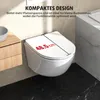 A wall-mounted toilet in a modern bathroom setting, with text overlay highlighting its compact design and dimensions. Produktbild-Vorschau