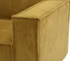 A close-up view of the armrest and side of a mustard-yellow corduroy sofa. Náhled obrázku produktu