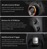 Close-up shots of a gimbal stabilizer's control wheel, buttons, and trigger, with accompanying text describing their functions. Produktbild-Vorschau