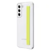 A clear, studio shot of a phone case with a yellow strap on the back. Produktbild-Vorschau