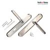 Two modern door handles with long plates and accessories on a white background. Podgląd zdjęcia produktu