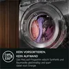 Close-up of a washing machine drum with laundry inside, with marketing text and icons below. Produktbild-Vorschau
