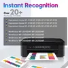 A printer with printed documents and a list of compatible printer models. Produktbild-Vorschau
