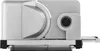A side view of a silver and gray food slicer on a white background. Produktbild-Vorschau