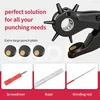 A marketing image showcasing a hole punch tool and its accessories, with descriptive text. Produktbild-Vorschau