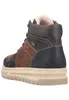 Rear view of a brown and dark blue winter boot with a beige sole. Voir les images du produit