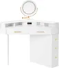 A white corner vanity desk with a lighted mirror and gold accents. Podgląd zdjęcia produktu