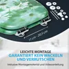 A close-up of a toilet seat with a floral pattern, showing its hinges and mounting hardware, along with text highlighting ease of installation. Produktbild-Vorschau