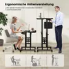 A woman sits at a height-adjustable desk while a man stands nearby, demonstrating the product's versatility. The image also includes illustrative icons at the bottom showing different usage scenarios. Podgląd zdjęcia produktu