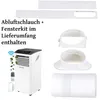 A mobile air conditioner unit with its accessories, including a window kit and exhaust hose, displayed against a white background. Voir les images du produit