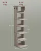 A tall, narrow, light wood-colored shelf unit with multiple levels and hooks at the top, against a gray background. Dimensions and weight limits are indicated with text and arrows. Náhled obrázku produktu