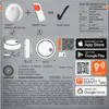 A collage of images and text showing a smart smoke detector, its features, and how to connect it to a smart home system. Produktbild-Vorschau