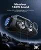 A cutaway view of a black portable speaker with blue lighting, showcasing its internal components and highlighting its sound features. Produktbild-Vorschau