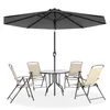 A patio umbrella and four chairs set on a white background. Voir les images du produit