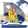 A family is sitting under a beach umbrella on a sandy beach. Voir les images du produit
