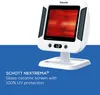 A Beurer infrared heat lamp is shown against a white and blue background, with text describing its features. Produktbild-Vorschau