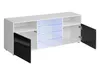 A white TV cabinet with black doors and glass shelves illuminated by blue LED lights, shown from a slightly angled front view with the doors open. Produktbild-Vorschau