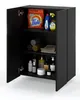 An open black cabinet filled with cleaning supplies and towels. Produktbild-Vorschau
