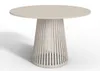 A round dining table with a conical base made of vertical slats. Produktbild-Vorschau