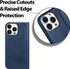 A blue flip case for an iPhone is shown, with a close-up inset highlighting the camera cutouts and raised edge protection. Produktbild-Vorschau