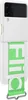 A white Samsung Galaxy Z Flip 3 case with a green strap with white text. Produktbild-Vorschau