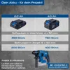A comparison of battery performance for a cordless hammer drill, showing different battery capacities and their corresponding screw and drilling capacities. Produktbild-Vorschau