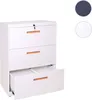 A white filing cabinet with three drawers, one of which is open, is shown against a white background. There are also two colored circles, one dark gray and one white, in the upper right corner. Produktbild-Vorschau