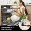 A woman is loading dishes into a dishwasher. The image also includes a close-up of hands washing a black object under running water. Produktbild-Vorschau