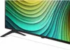 Close-up of the bottom corner of a television set, showing its stand and a colorful abstract graphic on the screen. Voir les images du produit