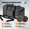 A grey duffel bag with black accents is shown, with various features highlighted by text and icons. Produktbild-Vorschau