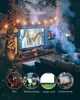 An outdoor movie setup at night with a projector screen, string lights, and people enjoying themselves. Anteprima dell’immagine prodotto