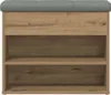 A front view of a shoe bench with a padded gray top and wooden shelves. Voir les images du produit