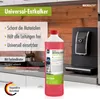 A bottle of universal descaler next to a coffee machine on a kitchen counter. Produktbild-Vorschau