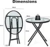 Diagrams showing the dimensions and weight capacity of a round folding garden table. Náhľad obrázku produktu