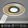 A modern LED ceiling light with a remote control shown in the foreground. Produktbild-Vorschau