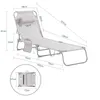 A diagram showing the dimensions of a folded and unfolded lounge chair. Voir les images du produit