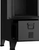 A close-up view of a black metal locker with an open drawer and an open door. Voir les images du produit